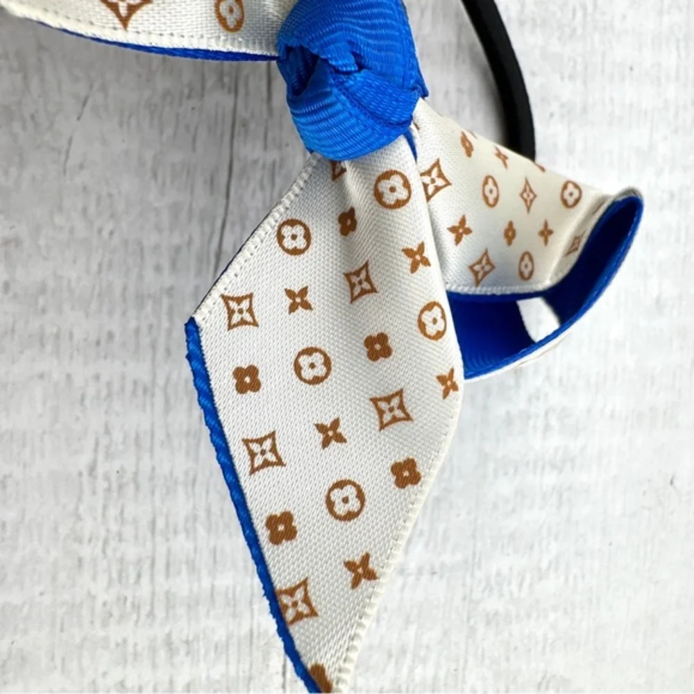 Upcycled hair tie. New. Blue and white.